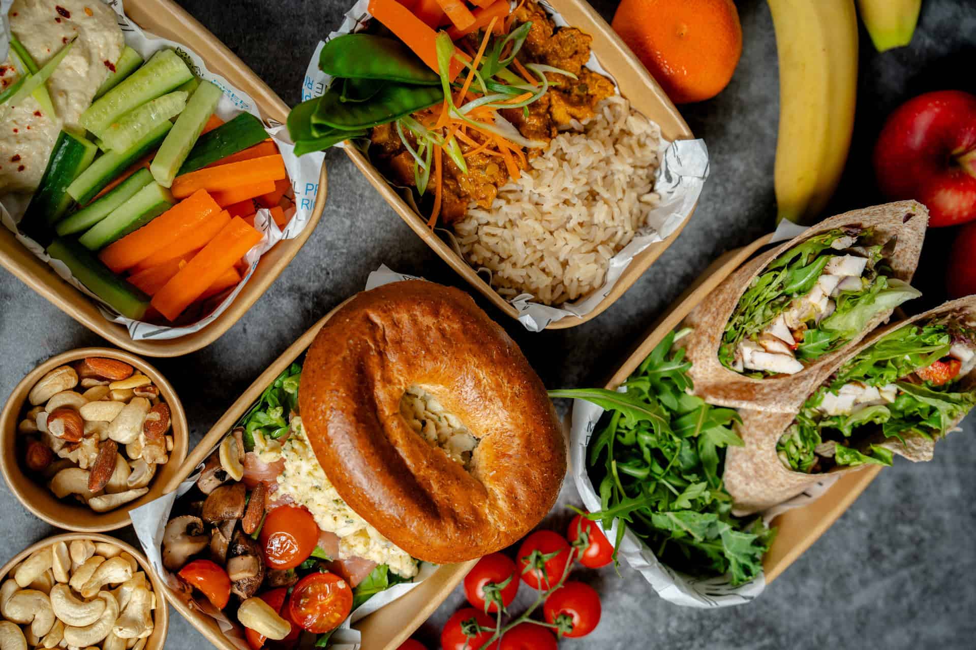 Healthy Meal Prep options including wraps, curries, hummus and veggies, and mixed nut with fruit - Recipe For Results